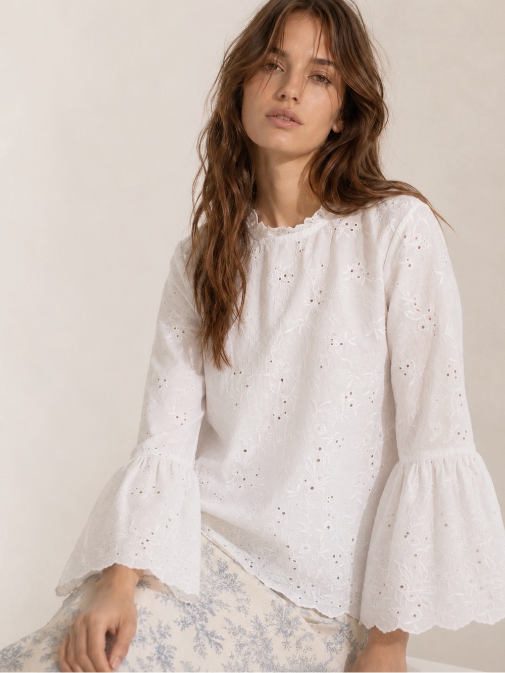 Ulla Johnson White Grace Eyelet Embroidered Ruffle Bell Sleeve Blouse US4 Luxury